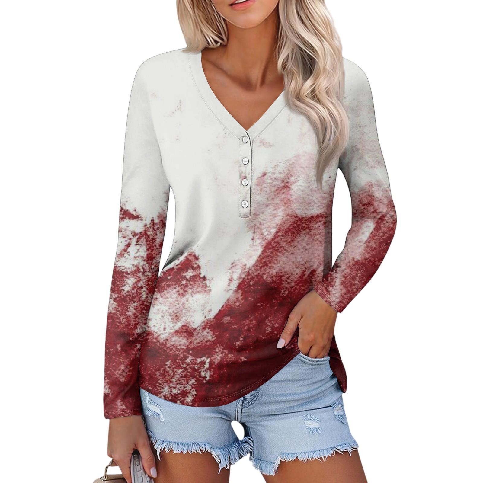 

Женская повседневная мода, сексуальный комфорт, Хэллоуин с принтом и v-образным вырезом, пуговицы, длинный рукав L красный