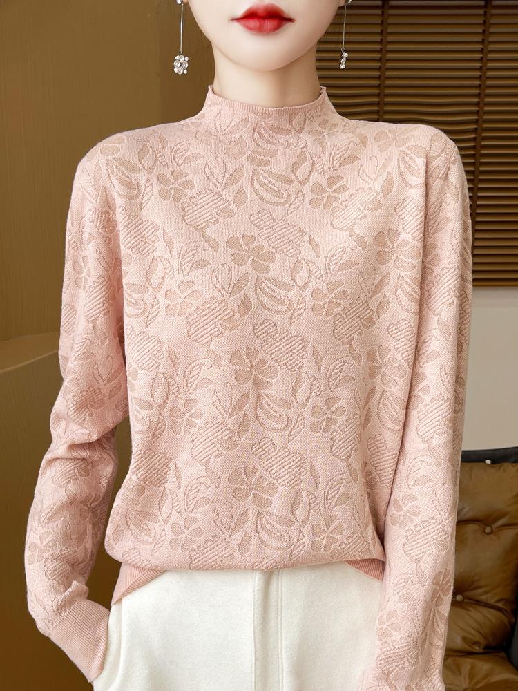 Dark Floral Half-High Collar Sweater for Women - Autumn/Winter Knitwear, Versatile Stylish Base Layer Top