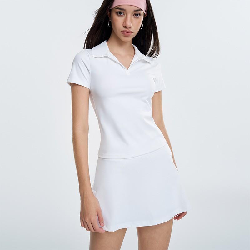 Womens Quick-Dry Polo-Neck Short Sleeve Top Tennis Skirt Set Yoga Fitness Workout
