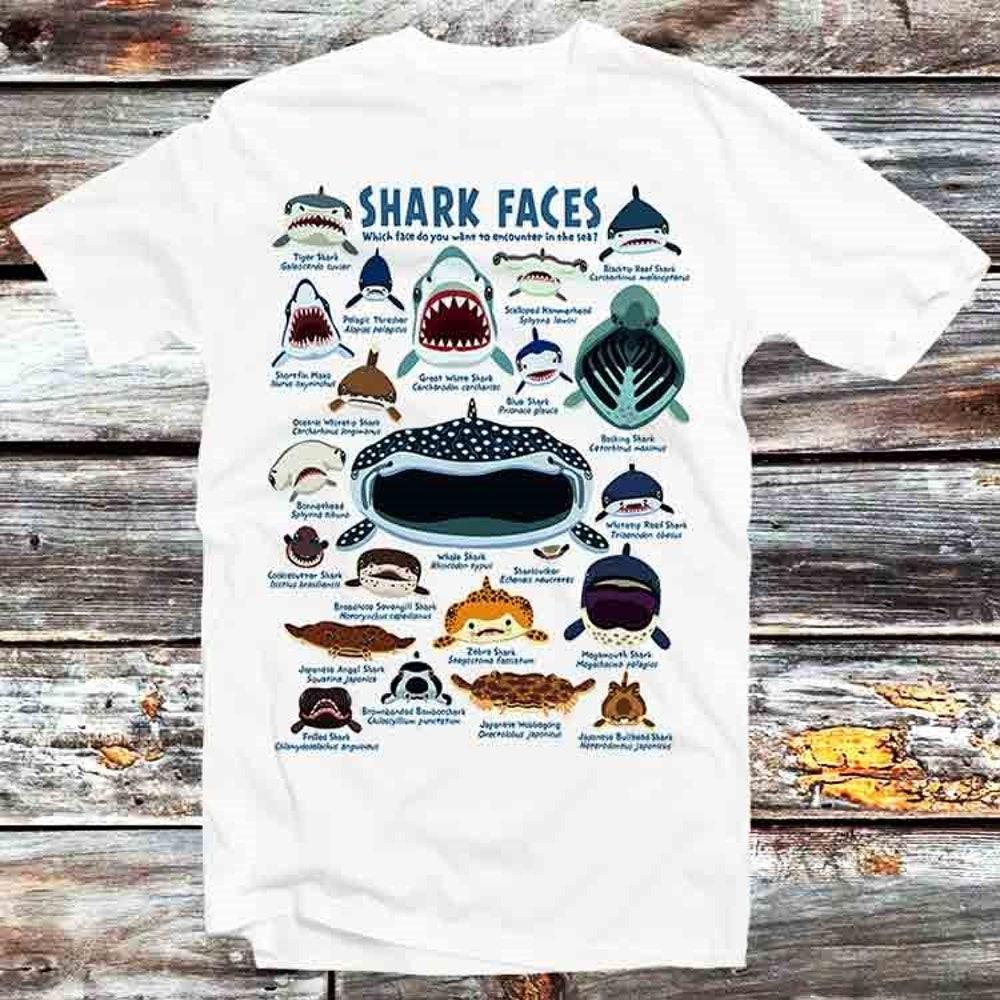 

230GSM 100% Cotton T-Shirt Shark Faces Marine Sea Life T Shirt Vintage Retro Cool Gift Mens Womens Unisex Cartoon Anime Top Tee B876 XS белый