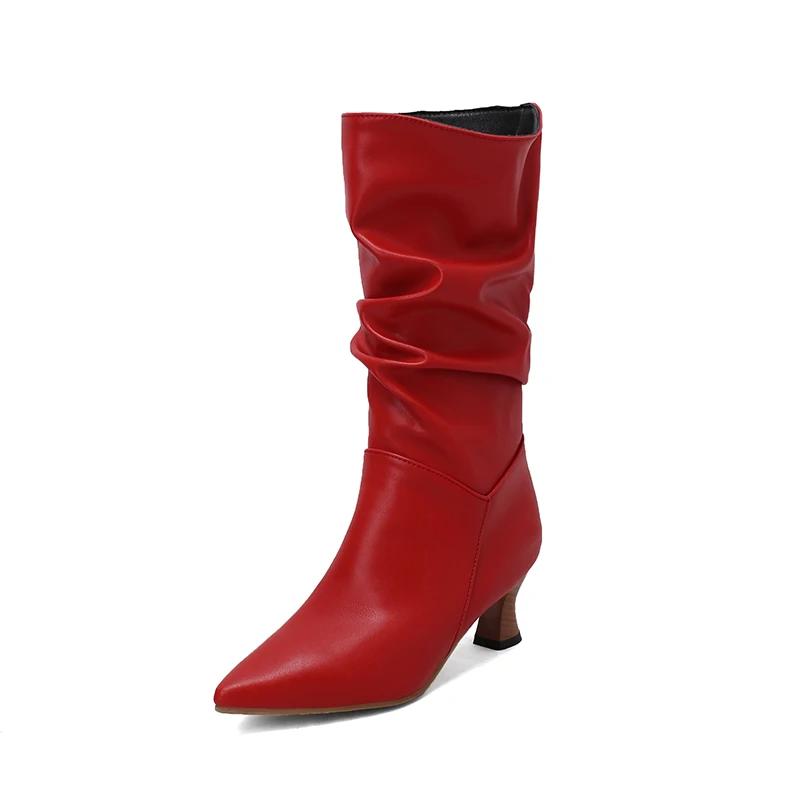 Fashion Trendy Women Pleated Blue Denim Jeans Boots Spike Heels Pointy Toe Knee-high Boots Shoes Autumn Winter Red Black White Pink