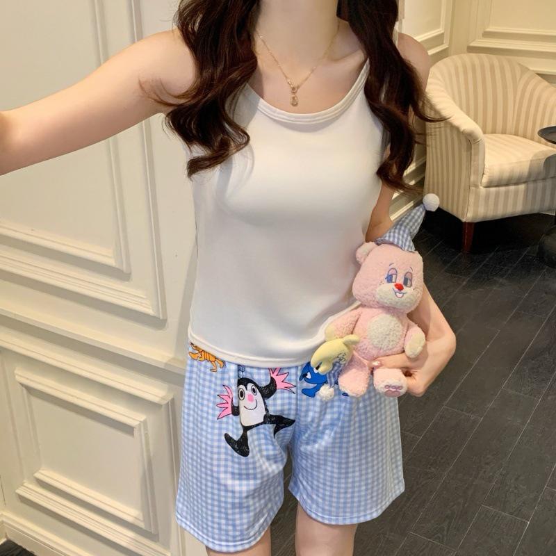 Women's Cartoon Camisole Tank Top Pajamas Set with Chest Pads - Summer Home Wear for Girls with Shorts