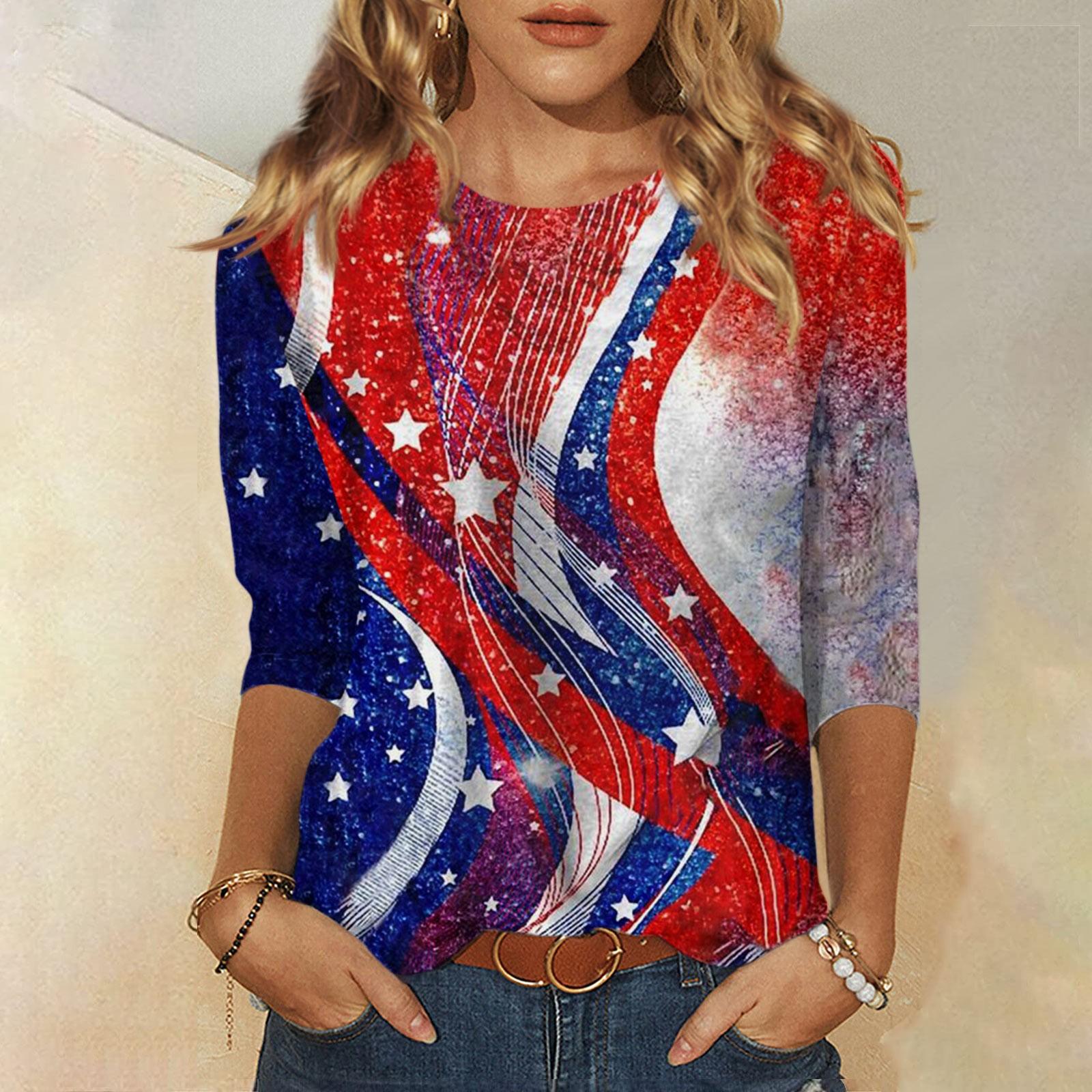 

Летняя женская мода, повседневная рубашка с рукавом три четверти, пуловер с круглым вырезом и принтом в честь Дня независимости, топ, блузка S красный