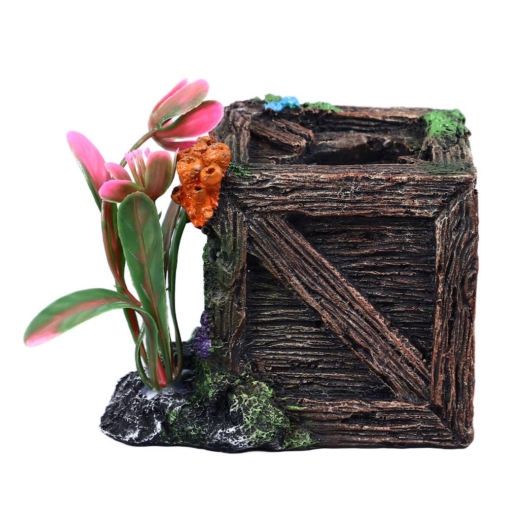 Aquarium Resin Decoration Innovative Simulation Landscaping Hollow Design Wooden Box Shape Fish Tank Decoration for Home