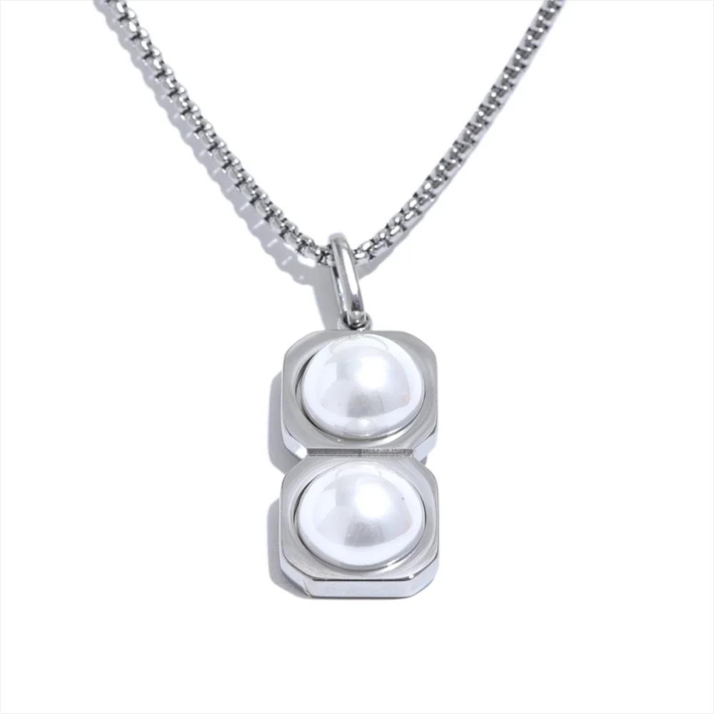 

Yhpup Stylish Unisex Jewelry 316l Stainless Steel Square Round Imitation Pearls Pendant Necklace Casual Clothing Accessories