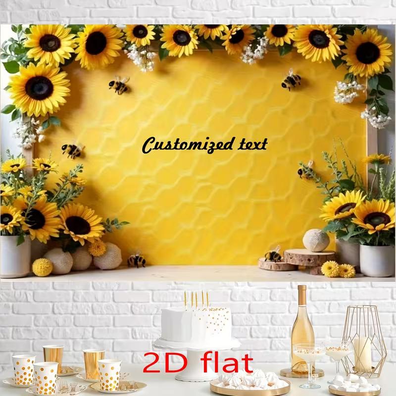2D Printed Backdrop with Custom Text, Sunflowers, Bees and Honeycomb Pattern