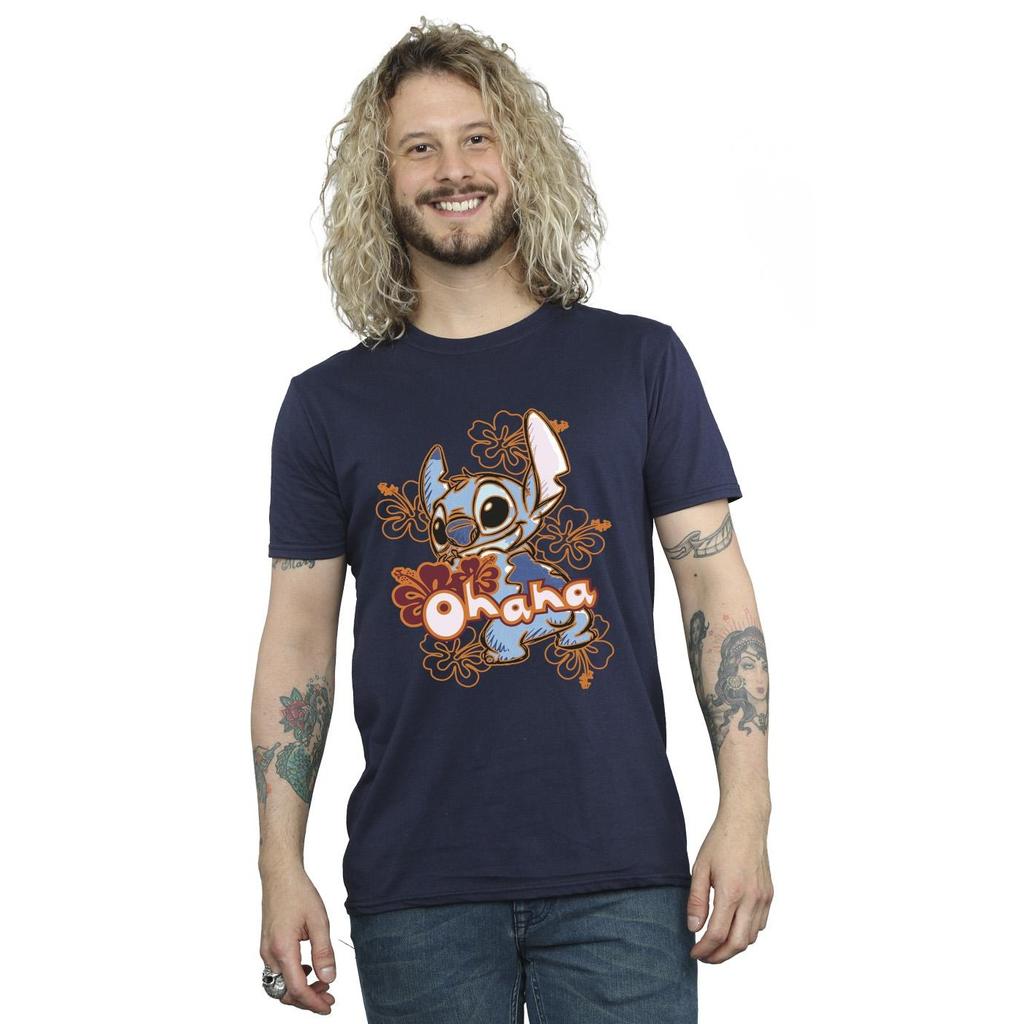 Disney Herren Lilo und Stitch Ohana Orange Hibiscus T-Shirt