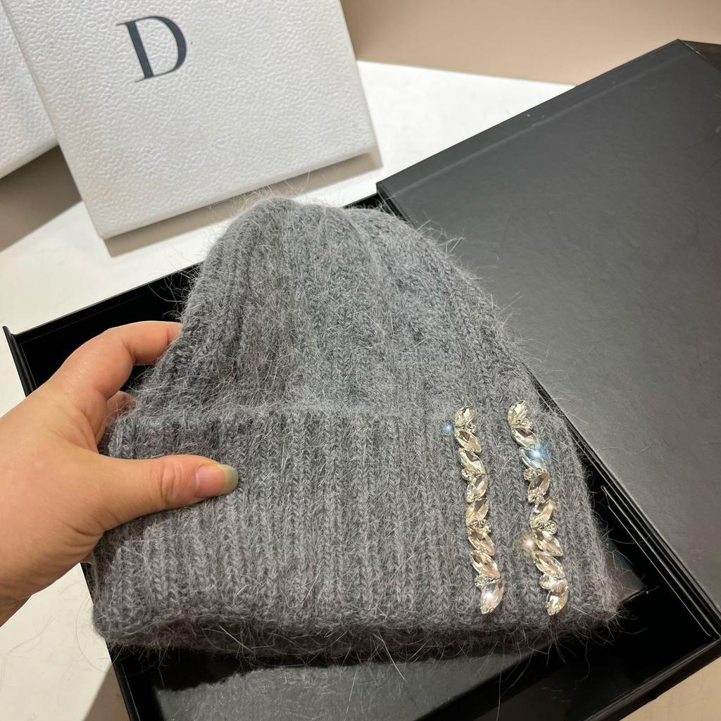 Paris Heavy Industry Light Luxury Rhinestone Knitted Hat Women'S Winter Outdoor Warm Rabbit Hair Wool Hat Wide Stripe Shows Small Face