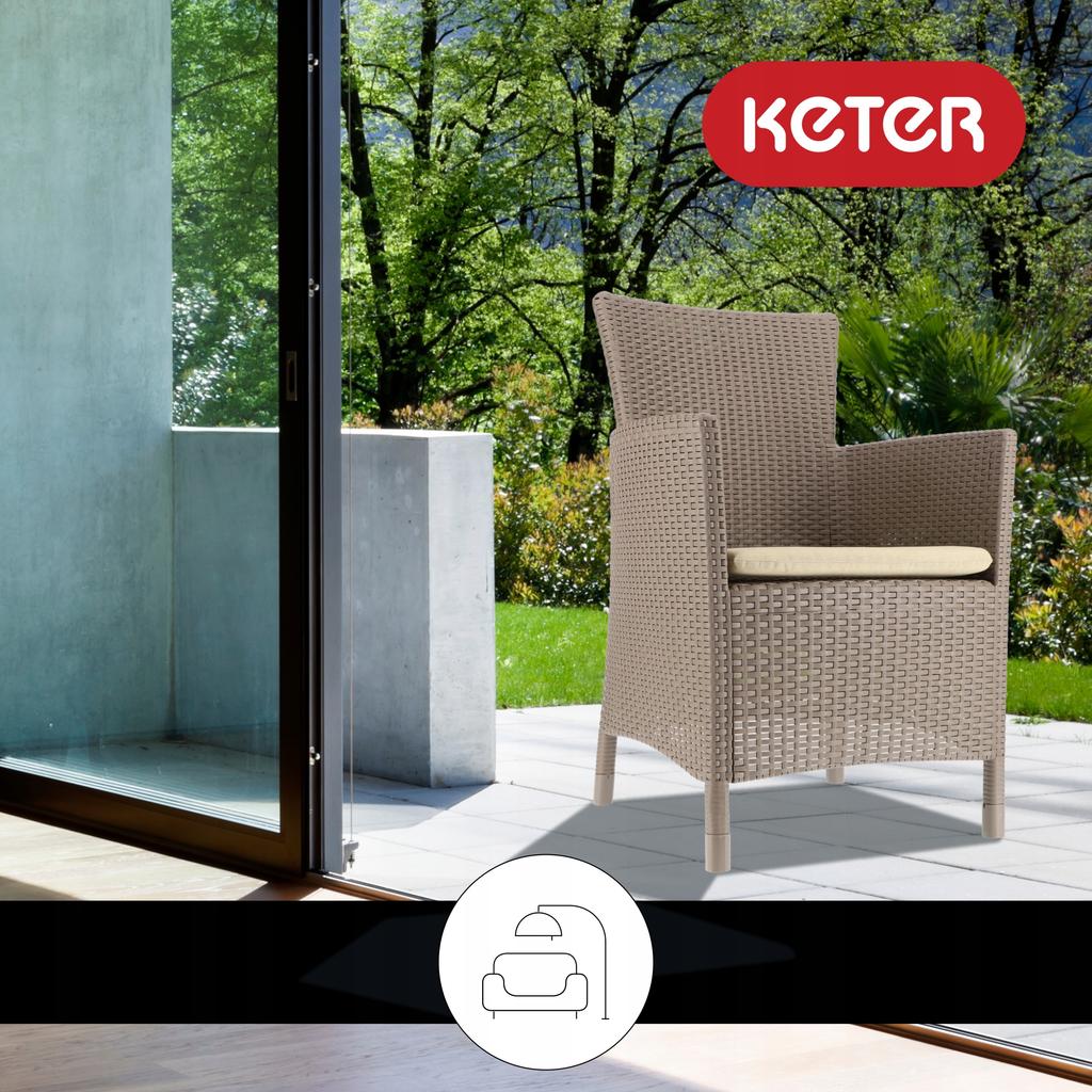 Stuhl Sessel Gartenstuhl für Balkon Terrasse Bequem Allibert + Kissen Beige