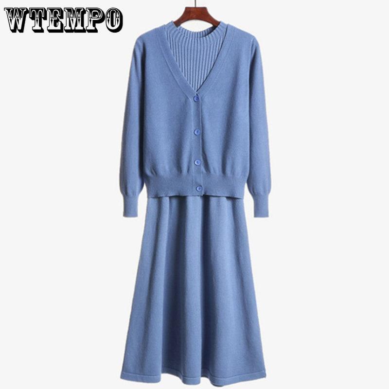 Frauen Kleid Sets Gestrickte Pullover und Kleid Zwei Stücke Set Frühling Herbst Feste Beiläufige Strickwaren Pullover Strickjacken Anzüge