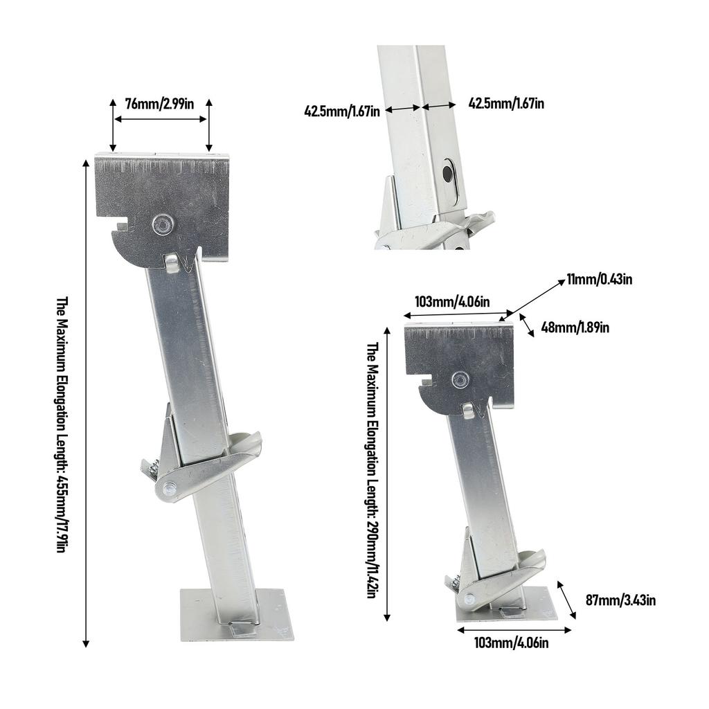 Trailer Swing Down Stabilizer Jack Iron 290 to 455mm Adjustable 650lb Support 1000lb Lifting Capacity