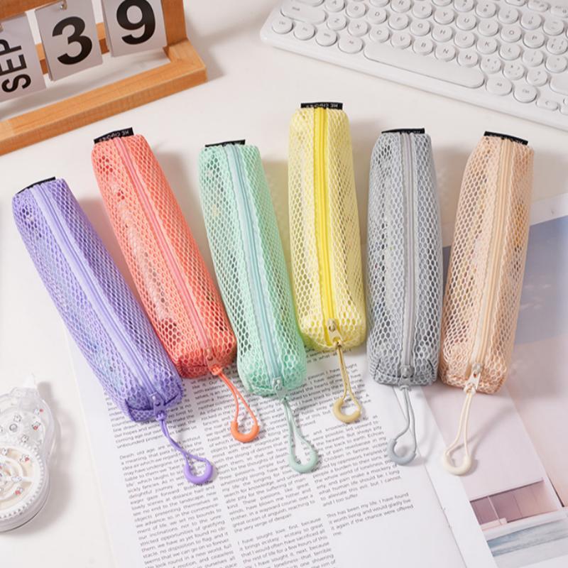 Portable Mesh Pencil Pouch Transparent Design with Smooth Zipper Hanging Hook for Business Trip Small Tools Storage