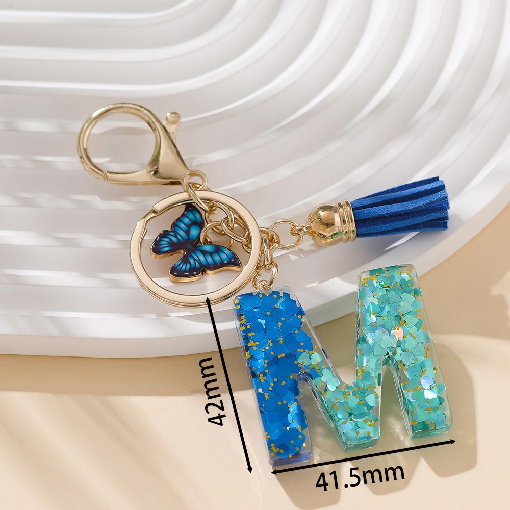 1pc Alloy Alphabet Initial Keychain Royal Blue Butterfly & Tassel Letter Keychain for Backpack Charm Accessory Key Ring Findings
