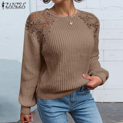 Women Vintage Round Neck Long Sleeve Lace Hollow Pullover Sweaters