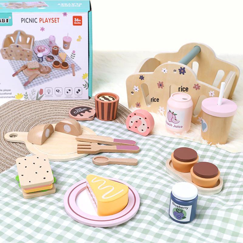 

Children s Wooden Tea Party Dessert Set - Picnic Basket & Tableware Toy