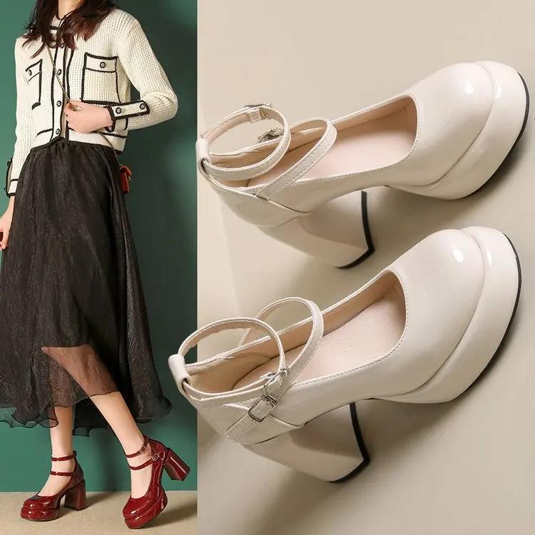 Nové Dámské Lodičky Boty Móda Pásek s křížem Dámské Mělké Šaty Boty Mary Jane Dámské Elegantní Obuv na vysokém podpatku Podpatky na platformě