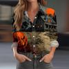 Women's Casual Long Sleeve Half Button Down Shirt with Halloween Print for Fall