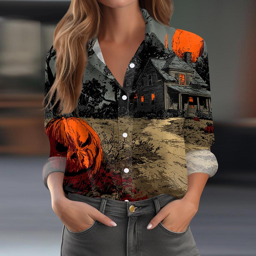 Women's Casual Long Sleeve Half Button Down Shirt with Halloween Print for Fall