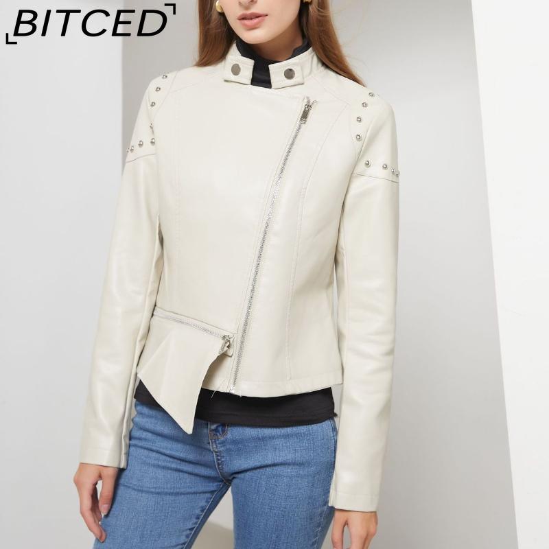 BITCED Studded Fashion Stand Collar Leather Jacket for Women - Solid Colour Spring/Autumn Outerwear - Studded Leather Jacket