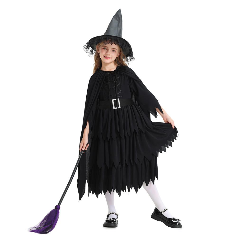 Halloween kinder kostuums meisjes bezem heks kostuum heksenhoed jurk sjaal cape carnavalskostuum