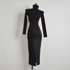 Sample Clothes Western Style Sexy Tall High Collar Hollow-out Waist Fashion Long Sleeve Dress Women's Bag Hip Over the Knee Long Dress