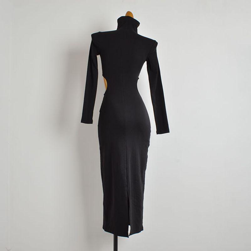 Sample Clothes Western Style Sexy Tall High Collar Hollow-out Waist Fashion Long sleeve dress Women's Bag Hip over the Knee Long dress