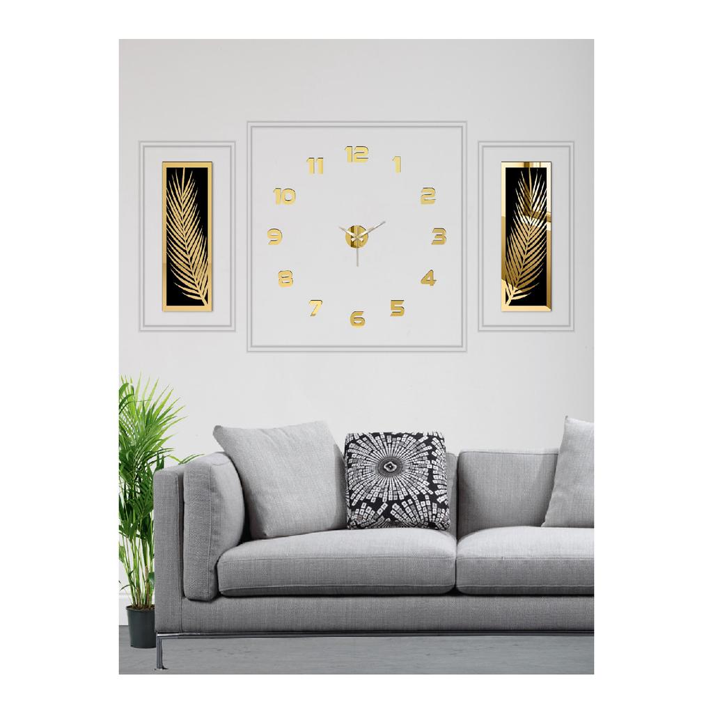 3 Piece Wall Clock Set, Acrylic Plexiglass Mirrored Palm Leaves And Roman R. Clock