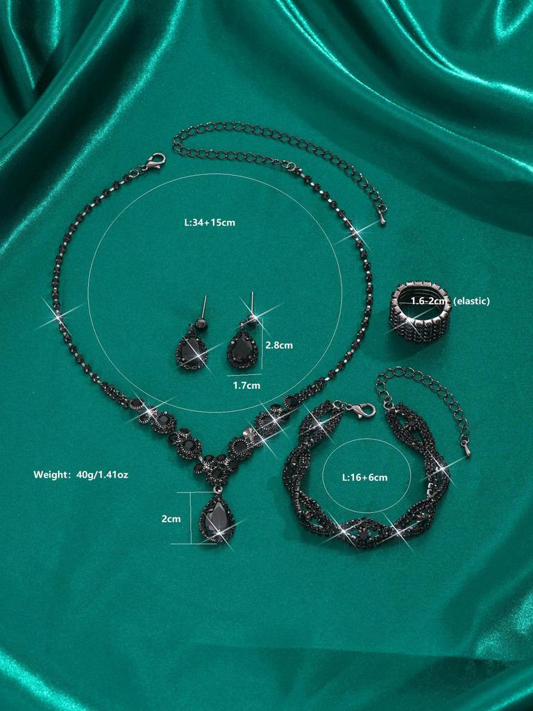 Bridal Jewelry Set: Rhinestone Zircon Teardrop Necklace, Earrings, Bracelet, Ring