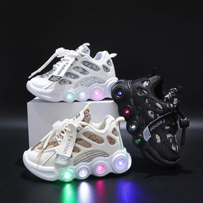Kids Mesh Sneakers With Led Light Non-slip Sole Letter Ribbon Casual Trendy Breathable Shoes