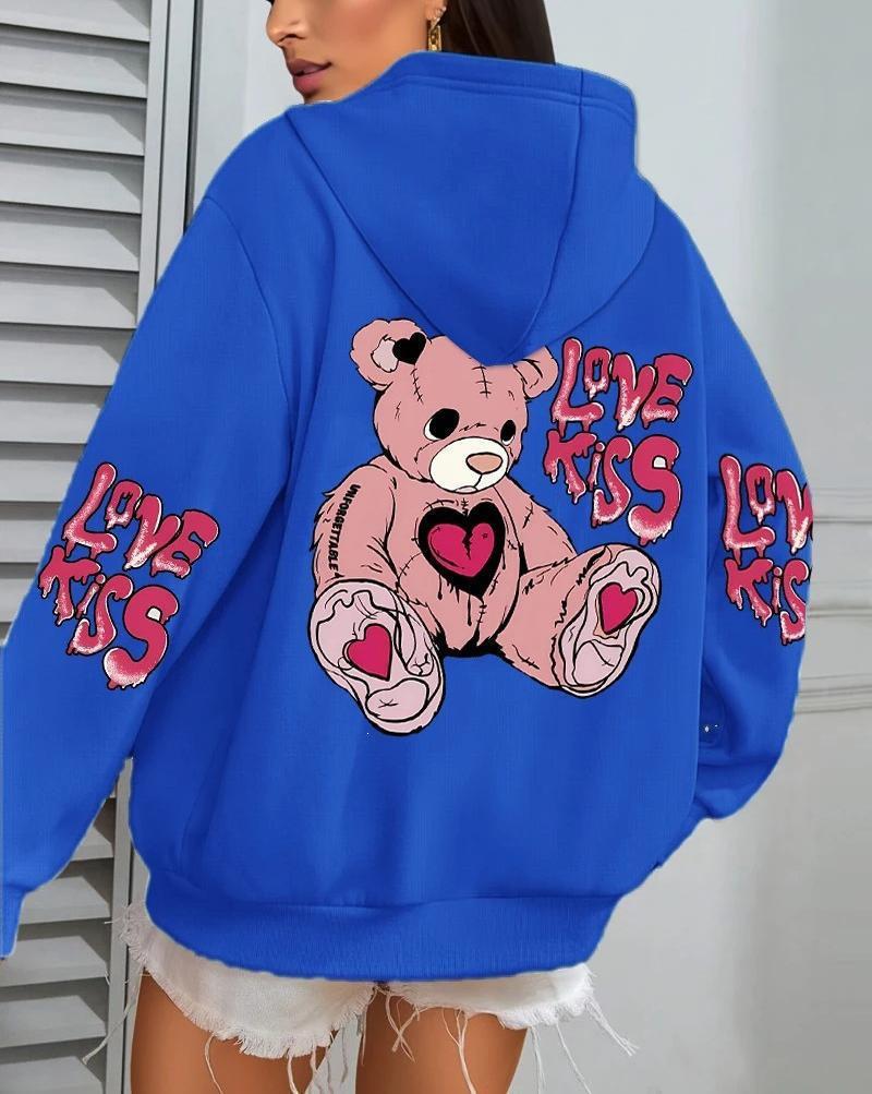 Women's Pink Love Kiss Letter Print Hoodie - Autumn Casual Loose Fit Fleece Pullover with Pocket.