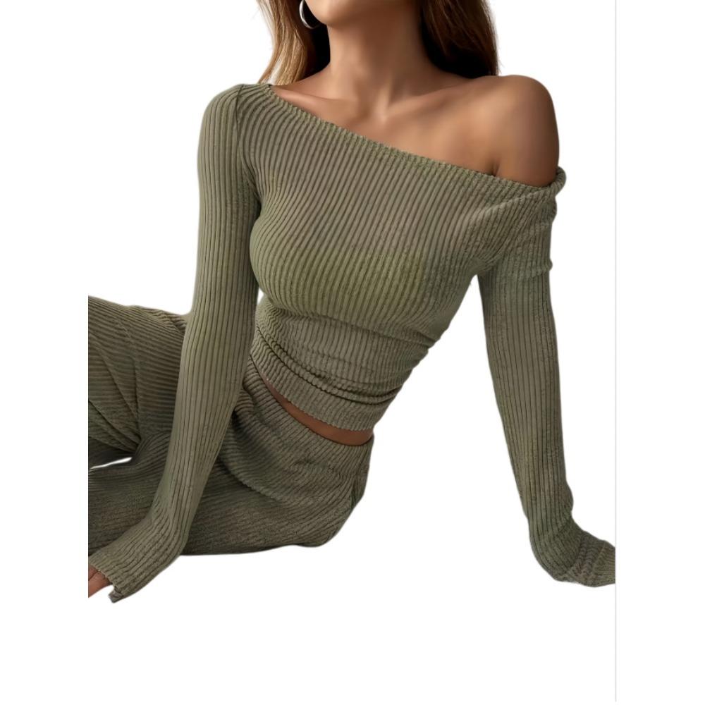 Herbst- und Wintermode Lässiges Set für Damen: Langärmeliges Crop-Top und Lange Hose Zweiteiler