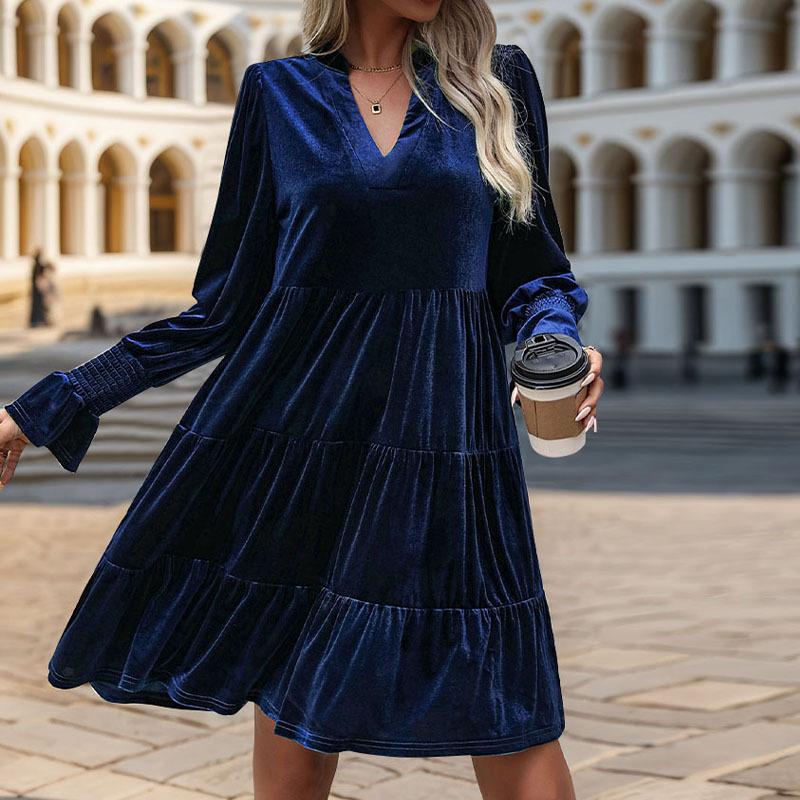 Amazon Europe and the United States cross-border foreign trade women's clothing autumn atmosphere elegant skirt V-neck ruffle edge velvet dress