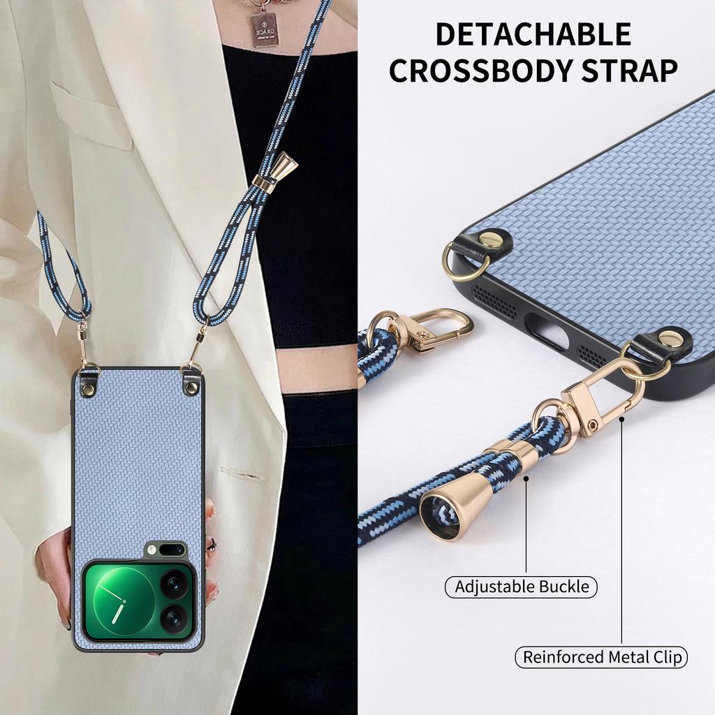 For Xiaomi 17 Pro Case Carbon Fiber Texture PU + PC + TPU Anti Drop Phone Cover with Crossbody Lanyard