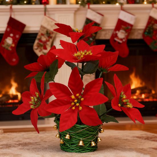 Artificial Christmas Flowers 7 Heads Faux Poinsettias Bouquet for Christmas Table Vase Fillers Planters Porch Outdoor Indoor Decor