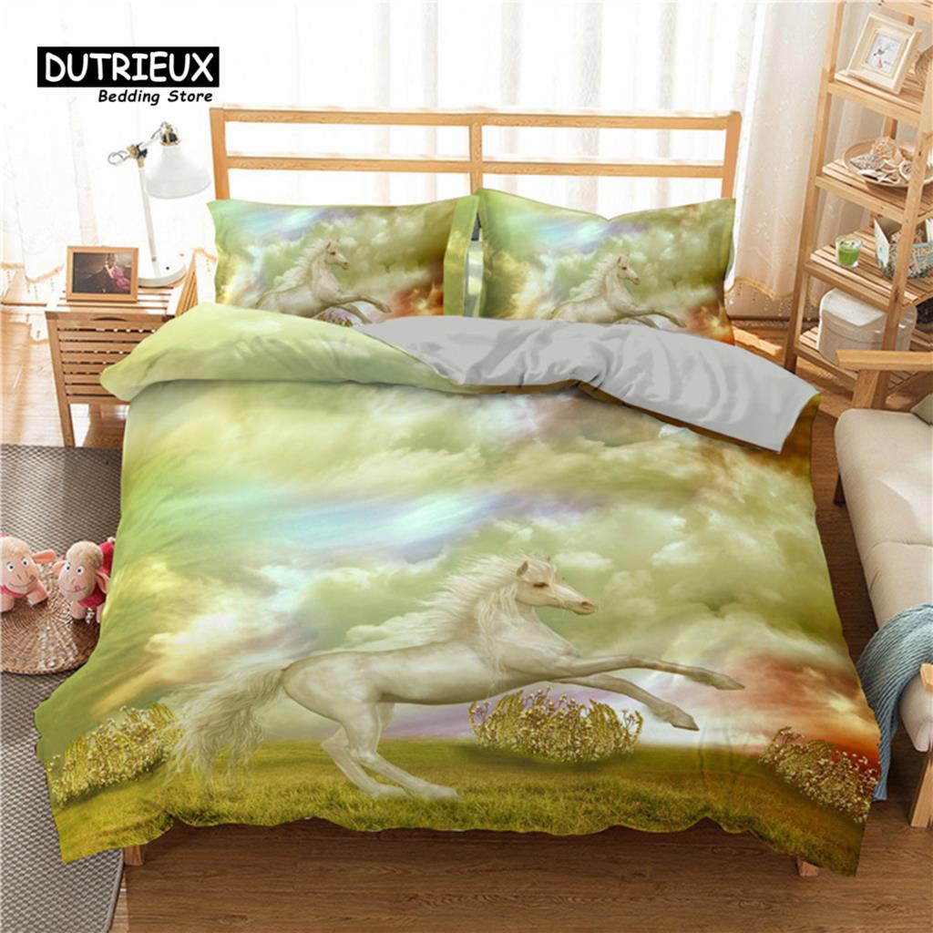 

Пододеяльник с изображением лошади белого дракона и единорога, комплект постельного белья для подростков и детей, микрофибра, одеяло в стиле вестерн-ковбой с наволочками EU single(135x200cm)