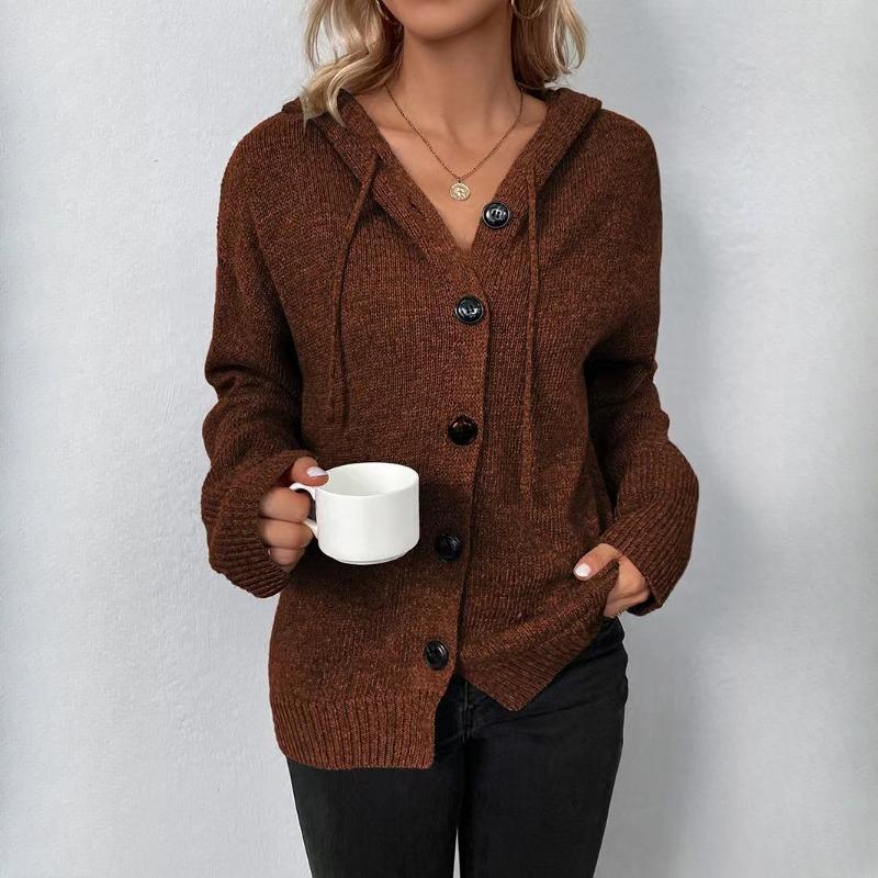 IHUASU Autumn and Winter Drawstring Knit Cardigan Jacket Women's Solid Colour Hooded Single-breasted Jumper