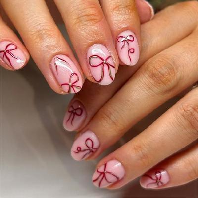 Unghia Press-on Corta Mandorla Unghia Finta Francese Copertura Totale Acrilico Unghia Finta Design San Valentino Unghia Finta per Donne e Ragazze