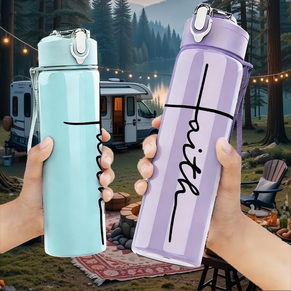 1PC Faith Cross Line Art 750ml Color Plastic Sports Water Bottle Leakproof Flip Straw Lid Suitable for Sports Office Home Use