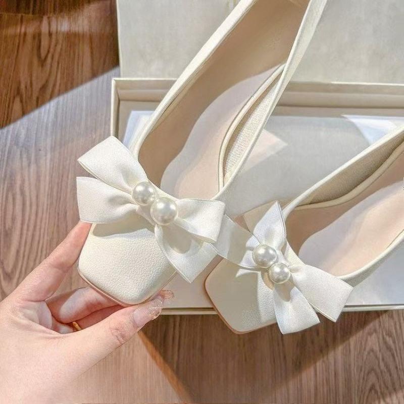 Soft Leather French Square Toe High Heels Women's New Temperament Pearl Bow Soft Sole Block Heel Single Shoes