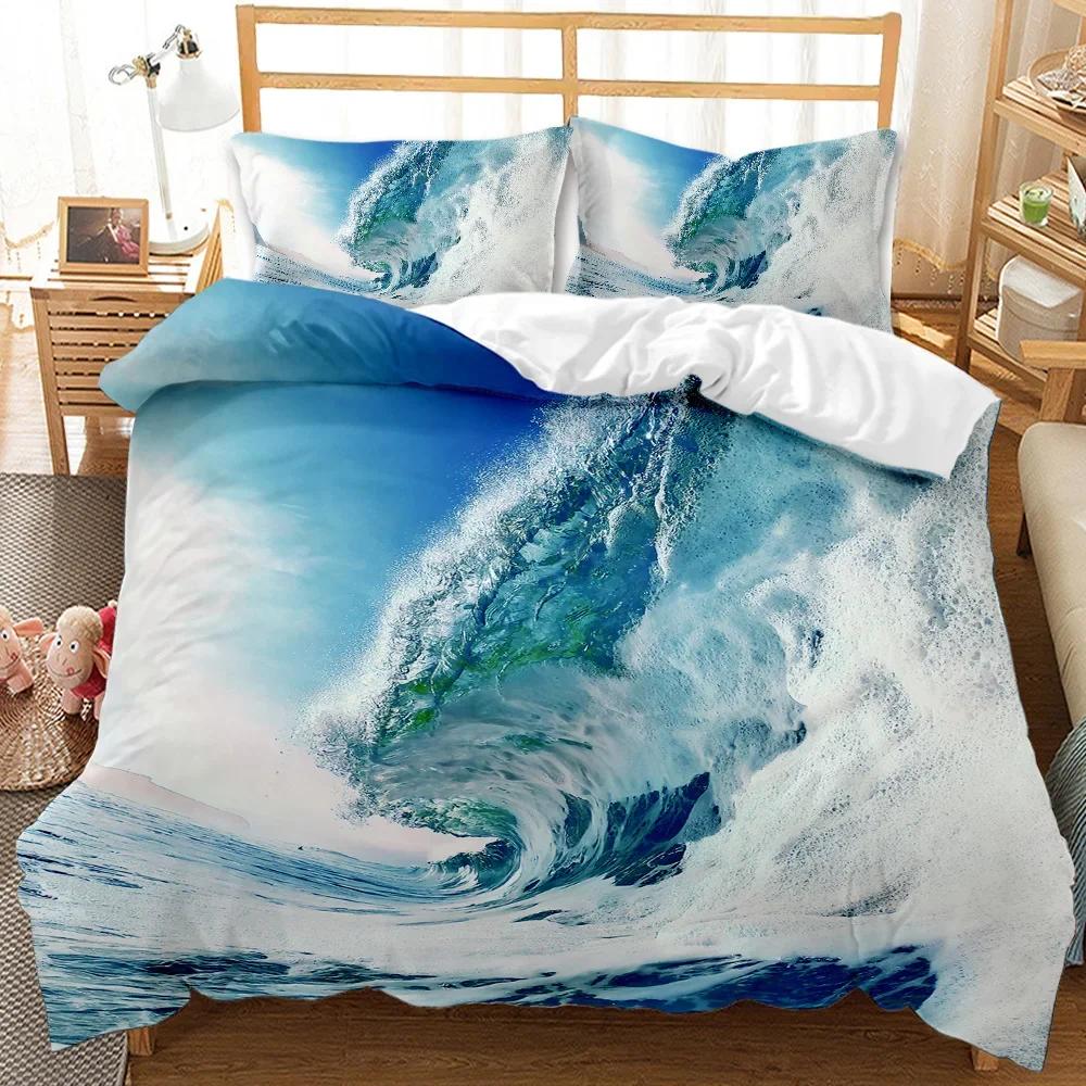 Beach Themed Blue Ocean Comfortable Duvet Quilt Cover Pillowcase Bedding Set Children Bedroom Decoration Home Textile