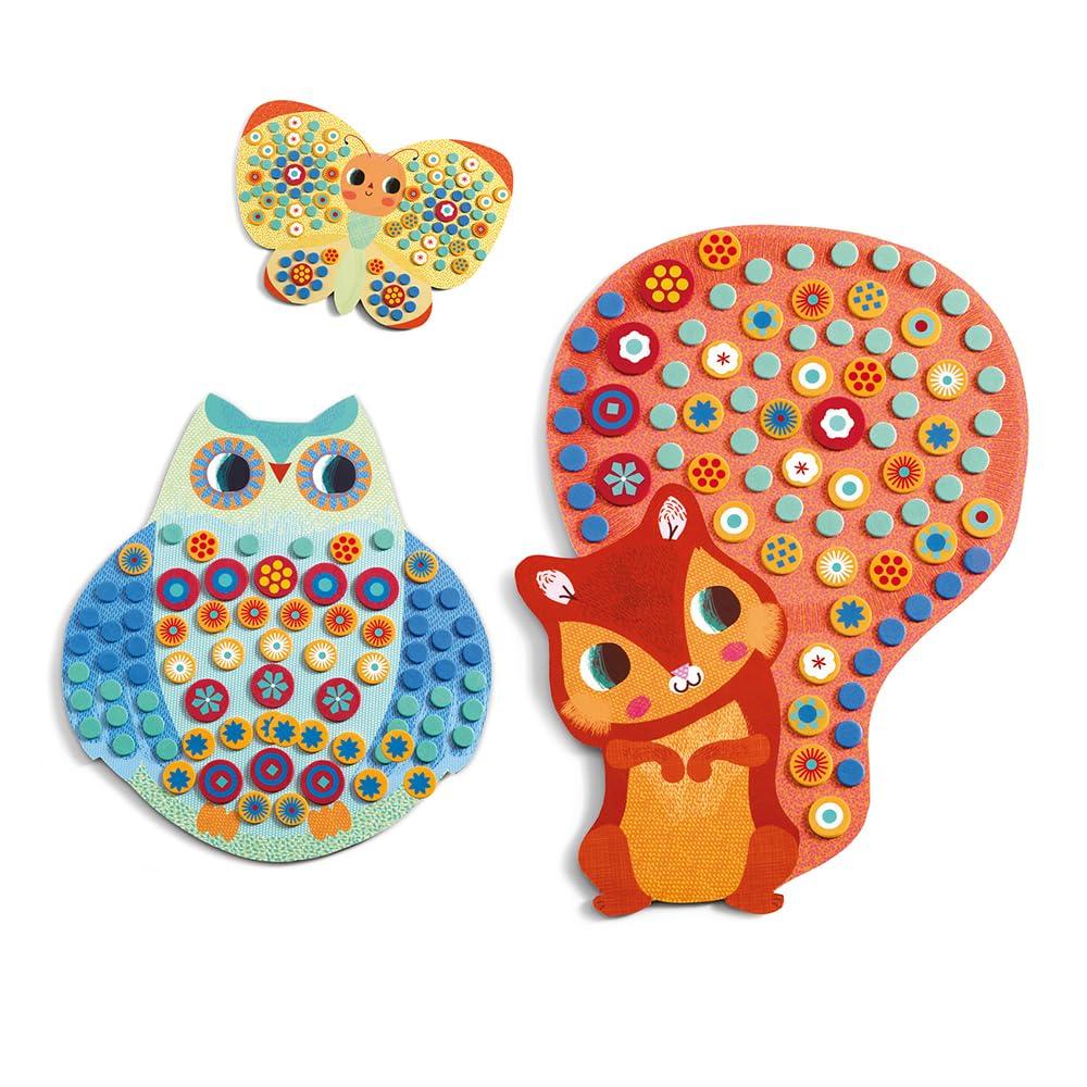 DJECO Mosaic Cute Animal Sticker Craft Mosaic Art Animal Educational Montessori Toy for Ages and Boys and Gift for Sports and Long Autumn Nights Kit,