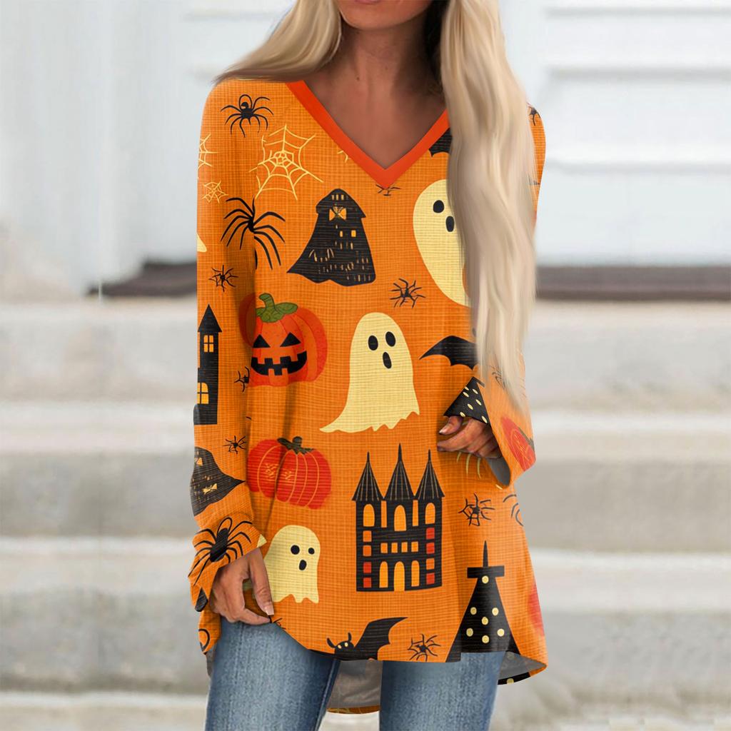 Women's Long Sleeve V-Neck Tunic T-Shirt with Halloween Print for Casual Fall Outings