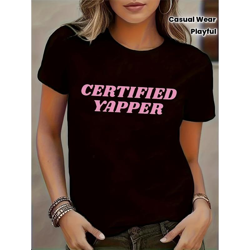 Women Certified Yapper Pink Letter Print Tee Crew Neck Casual All Season Regular Fit Top S чёрный