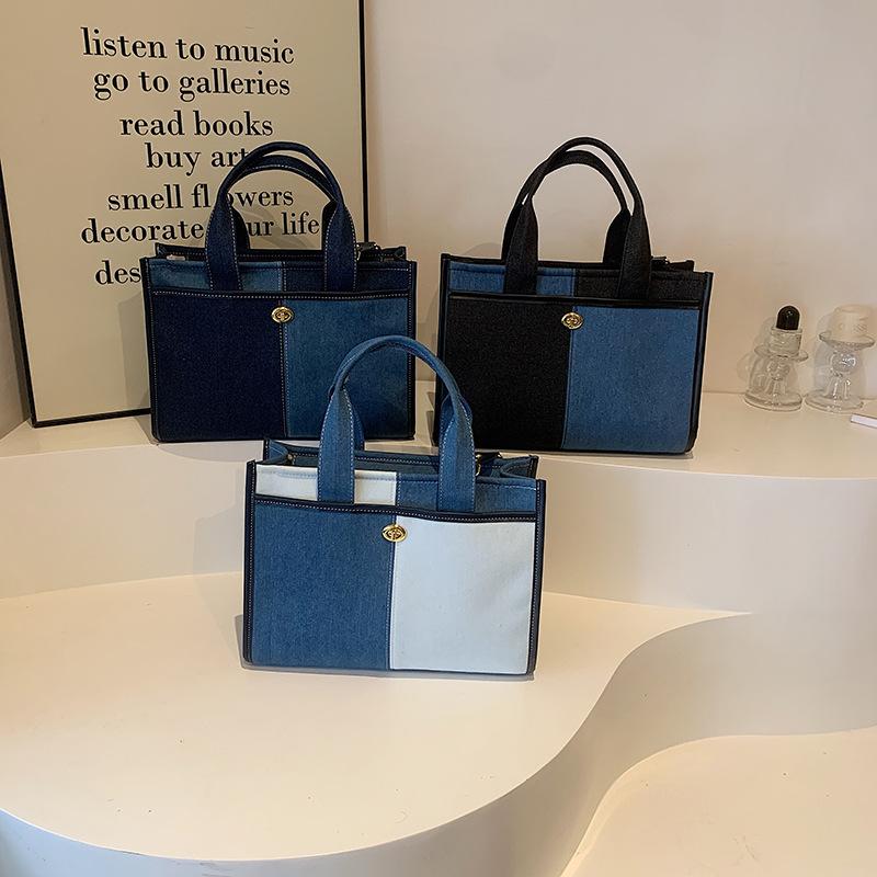 Large capacity denim handbag women's new fashion contrasting color shoulder messenger bag broadband commuter trendy tote bag