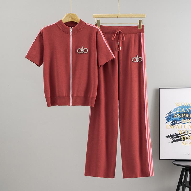 

Европейский повседневный спортивный трикотажный комплект: Женский летний свитер на молнии с коротким рукавом и брюки широкого кроя, комплект из двух предметов One Size красный