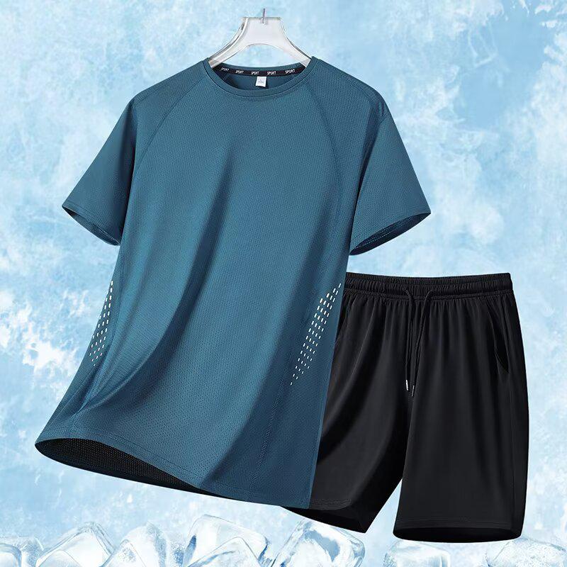 Premium Plus Size Ice Silk Sportswear Set for Men & Women: Quick-Dry T-Shirt & Shorts for Summer Fitness