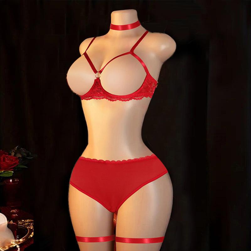Sexy Women's Bra Panties Lace Set with Leg Rings Neck Rings Sex Underwear