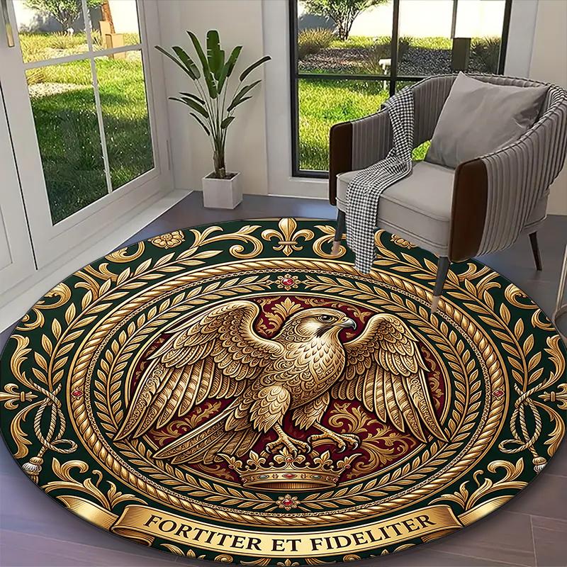 Golden Bold Falcon Rug Ideal for Reading Room, Multi-purpose Office Chair Sofa Carpet, Anti-slip Printed Home Round Rug
