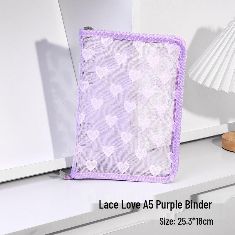 Lace Heart A5 Zipper Bag Glitter Transparent PVC Planner Cover & 6-Hole Binder.