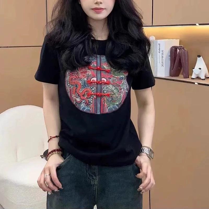 Summer Chinese Style Vintage Embroidery Frog T-shirt Ladies Loose Casual Fashion Short Sleeve Tee Top Women Pullovers